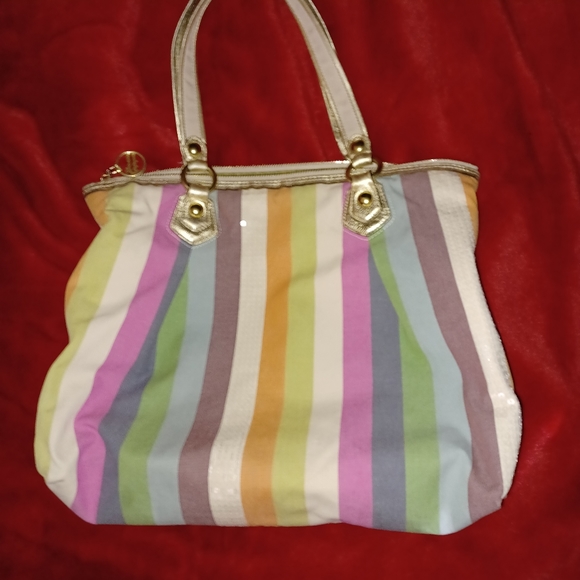 COACH  POPPY BAG , GOLD LEATHER TRIM, STRIPED FABRIC GENTLY USED  "As Is" - Picture 2 of 13